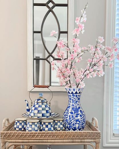 Blue and White Flower Vase, 11 Inch Tall Ceramic Vase in Wide Mouth Floral Pattern, Large Retro Chinoiserie Vase Decor Side Table Centerpiece Living Room Bookshelf, Antique Grand Millennial Decor