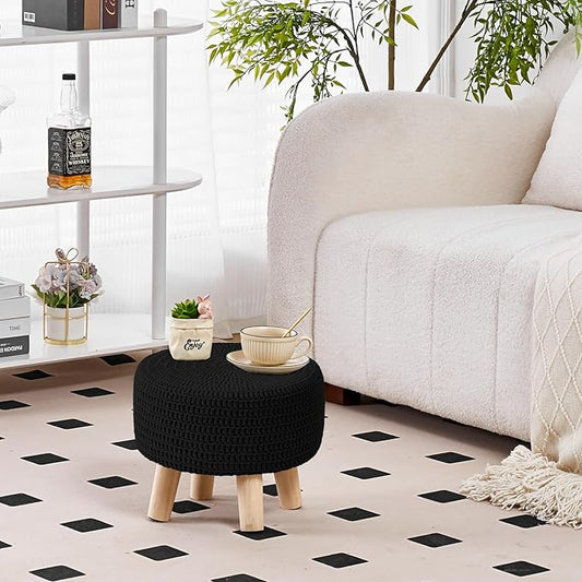Wimarsbon Small Ottomans, 100% Hand Knitted Pouf Ottoman, Round Footrest with 4 Non-Skid Wood Legs, Boho Décor Cotton Rope Pouffe, Leisure Floor Step Chair for Living Room (Black)