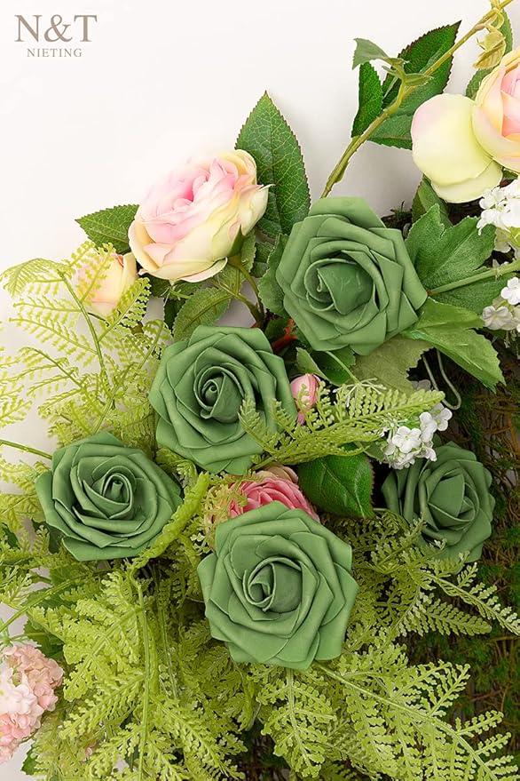 N&T NIETING Artificial Flowers Roses Army Green Foam Rose 50pcs Fake Flowers with Stem for DIY Wedding Bouquets Centerpieces Bridal Baby Shower Party Home Shower Arrangement Decoration