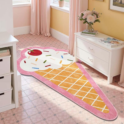 jinchan Cute Fun Rug Ice Cream Shaped Playroom Mat Washable Cone Cool Rug Soft Funny Mat Back to School Unique Lightweight Playful Funky Gift for Girls Teens Dorm Bedroom Bedside, 4x6 ft