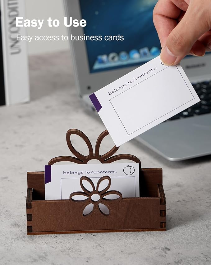 eZAKKA 2 Pack Business Card Holder, Wooden Business Card Stand for Office Home Desktop Tabletop Organizer(Flower)