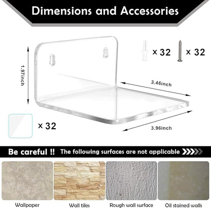Acrylic Mini Floating Shelf, 16 Pack - Clear, Modern Wall Shelf for Office, Bedroom, Living Room - Mounted Storage for Pop Figures, Plants, Pictures