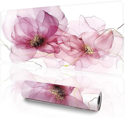 XXL Extended Gaming Mouse Pad (47.2 x 23.6 Inch), Giant Pink Floral Desk Mat for Full Coverage, Luxury Alcohol Ink Marble Design, Non-Slip Blotter, Premium Workspace Protector