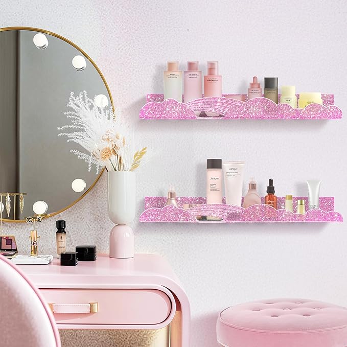 Rainbow Glitter Acrylic Floating Shelves, 15.7" Wall Mounted Nursery Bookshelves, Display Ledge for Books Toys Cosmetic Storage, Bathroom Bedroom Living Room Wall Organizer, 4 Pack, Pink