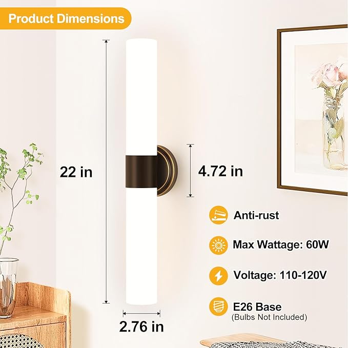 Wall Sconces Set of Two, Modern Bathroom Sconces Wall Lighting with Milky White Glass, Brown Sconces Wall Decor Set of 2 for Bathroom Mirror Bedroom Living Room Hallway