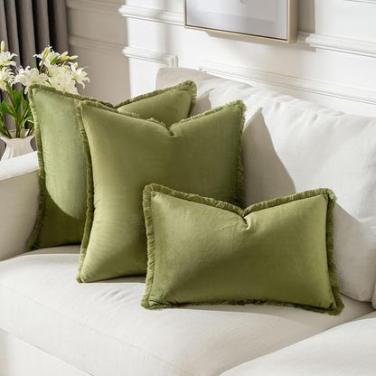 FUTEI Sage Green Velvet Decorative Throw Pillow Covers 22x22 Set of 2,Soft Cozy Edge with Tassels Cushion Case,Boho Modern Home Decor for Couch Bed Living Room