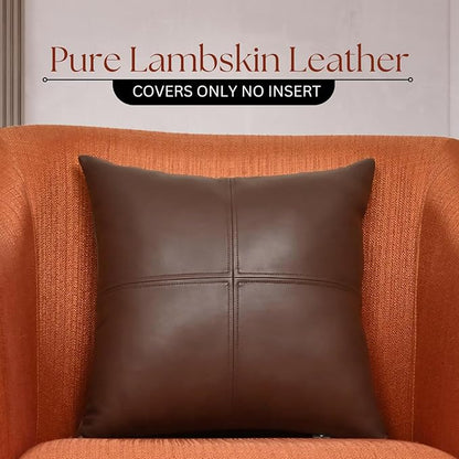 LL LEATHER LOVERS Lambskin Leather Pillow Cover, Hand Panel Stitched Leather Decorative Throw Pillow Covers for Couch Sofa Bed Living Room Garden (14x14 Inches, Dark Brown Pack of 1)