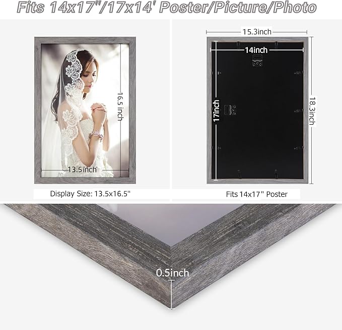 14x17 Frame Distressed Gray, Rustic 17x14 Picture Frame Grey, Art Pic Poster Frame, 14 by 17 Gallery Family Concert Portrait Photo Frame Anniversary/Birthday/Wedding/Thank you/Christmas Gift