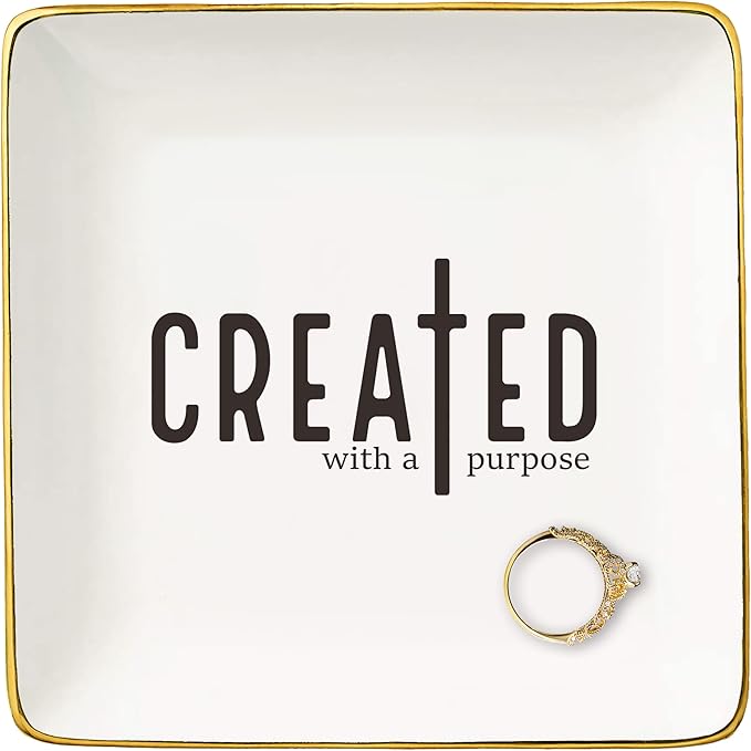 NZY Affirmations Birthday Christmas Gifts for Woman,Christian Scripture Religious Bible Verse Reminder Gifts,Inspirational Present,Ceramic Jewelry Tray Trinket Holder Ring Dish-Created With A Purpose