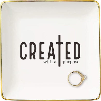 NZY Affirmations Birthday Christmas Gifts for Woman,Christian Scripture Religious Bible Verse Reminder Gifts,Inspirational Present,Ceramic Jewelry Tray Trinket Holder Ring Dish-Created With A Purpose