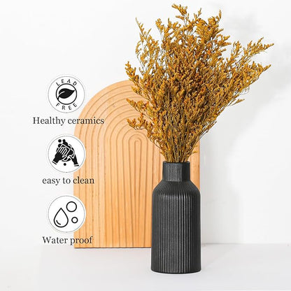 Bohemian Black Ceramic Vase - for Pampas Grass, Mantel, Bookshelf, Entryway and Living Room Decor (Black, 7in)
