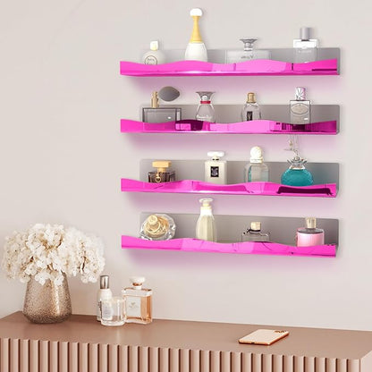 YMVV 15.7 in Large Pink Reflective Acrylic Mounted Floating Shelf, Perfume Organizer Shelf, Modern Bathroom Storage Toy Display Organizer Decor 4 Pack