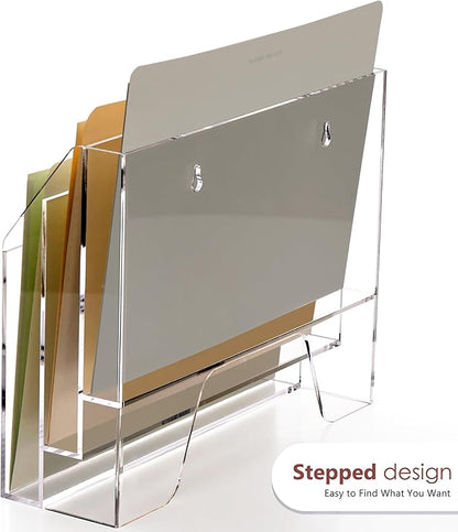Wall Hanging File Folder Organizer for Desk, 3-Tier Acrylic Magazine Rack Wall Mount File Holder, Clear Paper Document Office Organizer - 1 Pack
