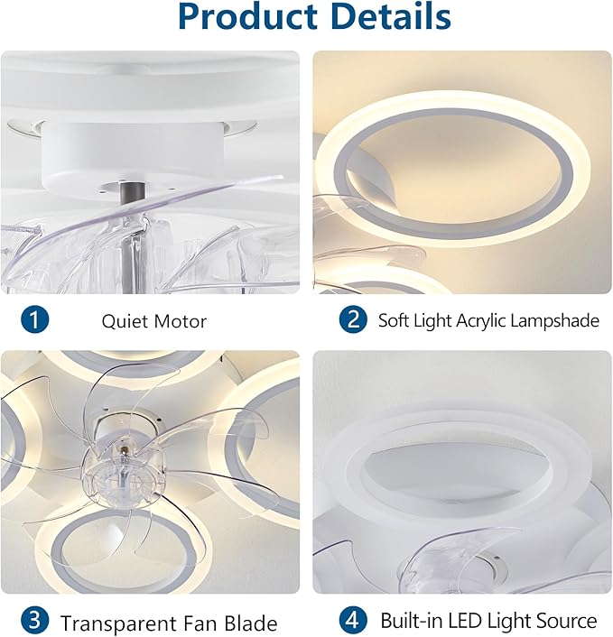 HuixuTe 26" White Geometric Circular Ceiling Fan with Lights Remote Control, 3 Colors 6 Speeds Low Profile Ceiling Fan with Light for Kitchen Bedroom