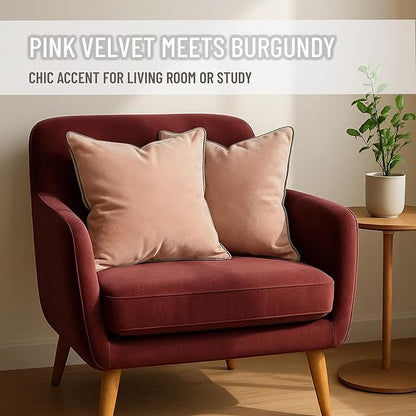 2 Pack Velvet Decorative Throw Pillow Covers, 12"x20", Pink and Grey, Solid, Modern, Contrast Piping, Indoor Use, Bedroom & Living Room
