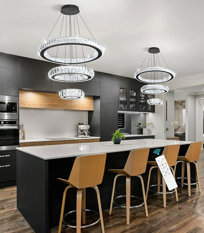 3 Rings LED Chandelier Modern Dimmable Dining Room Chanderliers Entryway Crystal Pendant Lights for Kitchen Bedroom Living Room Black Light