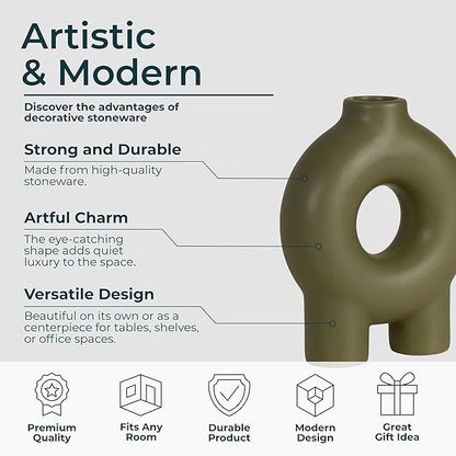 Modern Geometric Ceramic Vase – Stoneware Flower Holder with Unique Circular Design – Decorative Accent for Home Decor, Living Room, Bedroom, Office, Shelf & Table Display – 7", Olive Color