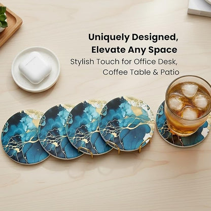 Ceramic Absorbent Coasters Set of 6 with Holder, Marble Drink Coasters for Coffee Table, Water Absorbing Coaster (Teal)