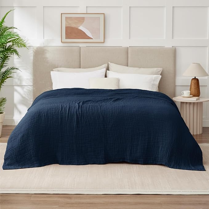100% Cotton Muslin Blankets Twin XL 66" x 90", 6 Layers Breathable and Lightweight Twin Blanket for Bed, Soft Boho Coverlet Bedspread, Gauze Bedding for All Season, Navy