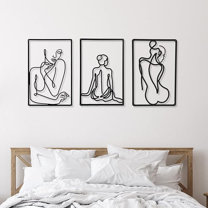 CHENGU 3 Pieces Metal Minimalist Abstract Woman Wall Art Line Drawing Wall Art Decor Single Line Female Home Hanging for Kitchen Bathroom Living Room