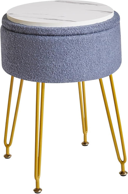 IBUYKE Teddy Velvet Storage Footrest Stool Ottoman, Makeup Vanity Stool Side Table with Removable Cover, Golden Steel Legs, Coffee Table Top Cover, Gray Blue WBD010BU