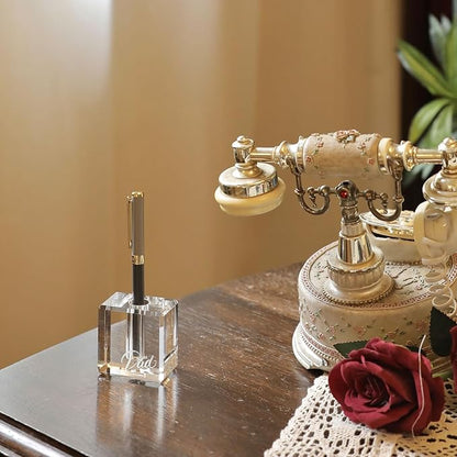 Fathers Day Crystal Christmas Gifts for Dad Crystal Carved Single Pen Holder, 2.4" Fancy Fountain Pen Holder for Desk, Glass Feather Pencil Stand for Office Desktop Decoration, Gift for Father Man