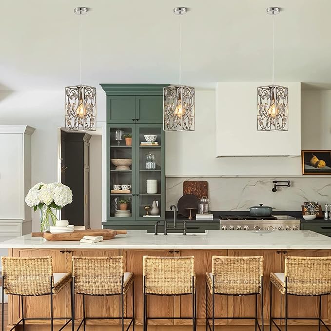 Modern Mini Crystal Pendant Light with Metal Cage 1-Light Rectangular Pendant Lighting Fixture for Kitchen Island Sink Countertop Dining Room Farmhouse, Brushed Nickel Finish