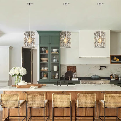 Modern Mini Crystal Pendant Light with Metal Cage 1-Light Rectangular Pendant Lighting Fixture for Kitchen Island Sink Countertop Dining Room Farmhouse, Brushed Nickel Finish