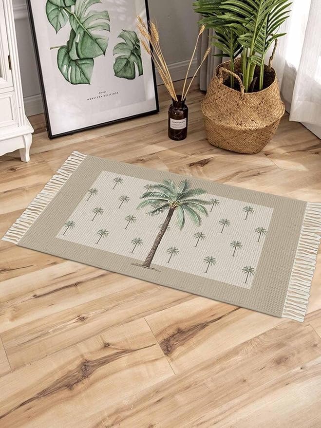 Tropical Palm Tree Runner Rug 3X5 Ft Bedroom Area Rug, Washable Woven Brown Summer Beach Plant Throw Carpet with Tassel, Non-Shedding Farmhouse Retro Green Botanical Dining Room Living Room Carpets
