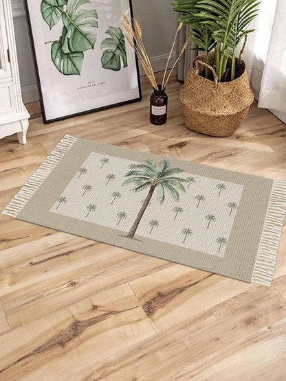 Tropical Palm Tree Runner Rug 3X5 Ft Bedroom Area Rug, Washable Woven Brown Summer Beach Plant Throw Carpet with Tassel, Non-Shedding Farmhouse Retro Green Botanical Dining Room Living Room Carpets
