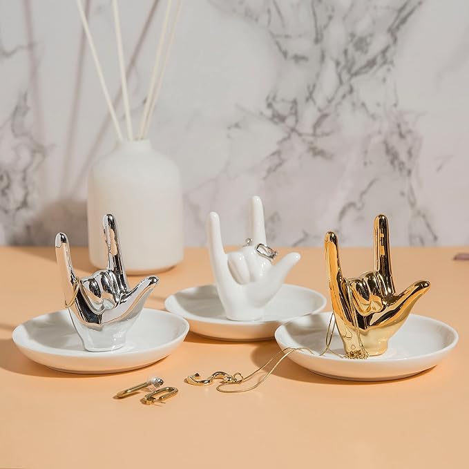 I LOVE YOU Hand Ring Holder - Ceramic Jewelry Holder Dish Trinket Tray for Rings, Earrings, Necklace Organizer, Engagement & Wedding Ring Holder, Christmas & Birthday Gifts (Rose Gold)