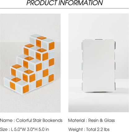 Decorative Bookends for Shelves - Stair Book Ends for Heavy Books - Unique Book Stopper & Holder for Shelves - Modern Home Decor Aesthetic Bookshelf Decor (Orange & White)