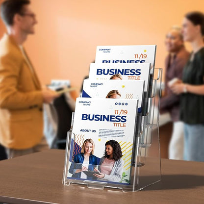 MaxGear Brochure Holder 4 Tier 6x9 inch Acrylic Literature Display Stand Clear Plastic Flyer Holder Wall Mount or Countertop Use for Pamphlets, Booklets, 4 Pack