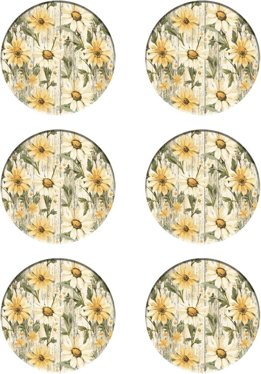 Coasters Set of 6 Wood Grain Daisy Pattern Ceramic Drink Coaster with Cork Base Modern Style Coasters for Mugs and Cups Office Kitchen 4 in