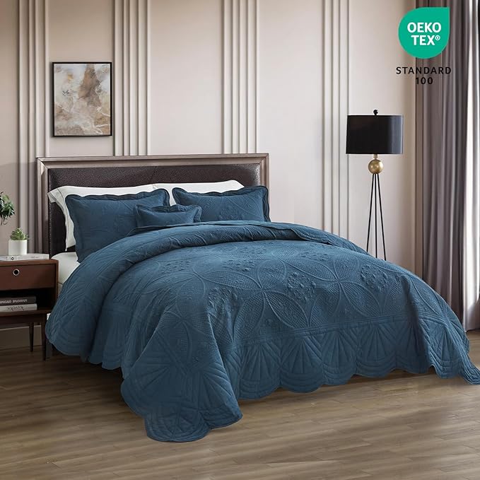 Bedspread - Full Size Bedding Cover - Modern & Contemporary Coverlet Set, Real Stitching, Reversible, Lightweight, 5 Piece, Navy