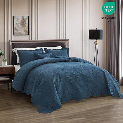 Bedspread - Full Size Bedding Cover - Modern & Contemporary Coverlet Set, Real Stitching, Reversible, Lightweight, 5 Piece, Navy