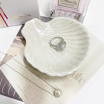 Ring Dish Shell Shape Ceramic Jewelry Dish Tray, Decorative Trinket Dish Organizing Rings Earrings Necklaces Keys for Mom Friend Sister, 3.9", White Iridescent Surface