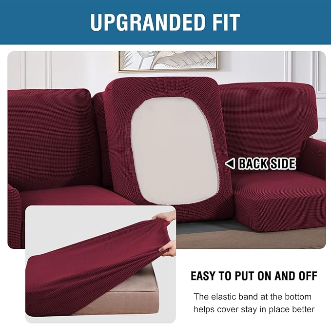 H.VERSAILTEX Multi-Pieces Sofa Covers Stretch Couch Covers Form Fitted Seats and Back Cushions Covers (3 Seat Covers Plus 3 Back Cusion Covers, Bonus 2 Armrest Covers), Burgundy
