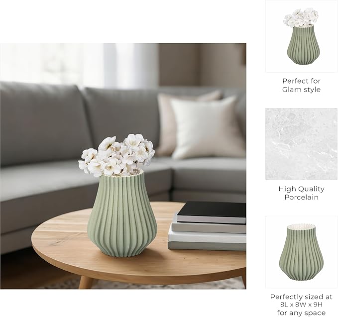 Flower Vase for Living Room Decor Display – 3D Printed Design, Ceramic Vase for Bedroom, House, Room, or Office Decor Accent – Ribbed Decorative Vase for Home and Table Accent– 9” Green