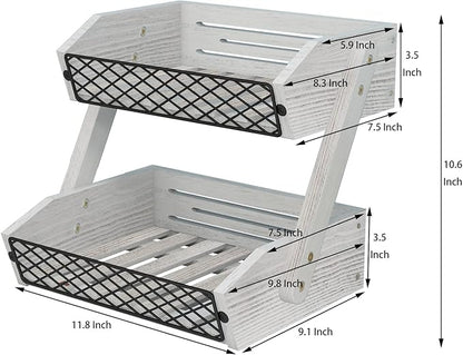 Dorhors Fruit Basket for Kitchen, 2 Tier Fruit Bowl,Kitchen Counter Organizer,Wooden Vegetable Holder for Countertop,Bread Storage Basket Stand (Rustic White)