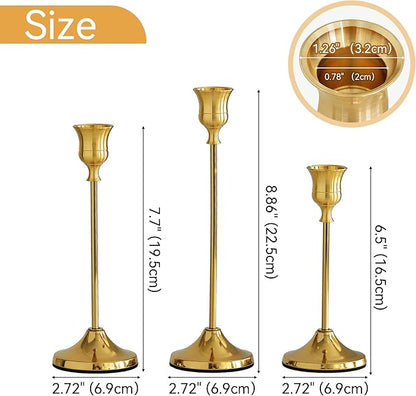 Taper Candle Holders, Tall Vintage Metal Candlestick Holders, 3 PCS Gold Candle Sticks Holders for Home Decor Table Centerpiece Wedding Housewarming Festival, Gold, 1 Set (3 pcs)