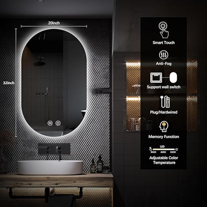 Niccy Oval LED Bathroom Vanity Mirror, 32x20inch Frameless Backlit Mirror with Light, Smart Anti-Fog Waterproof Mirror with Memory Function Dimmable Lighted Mirror