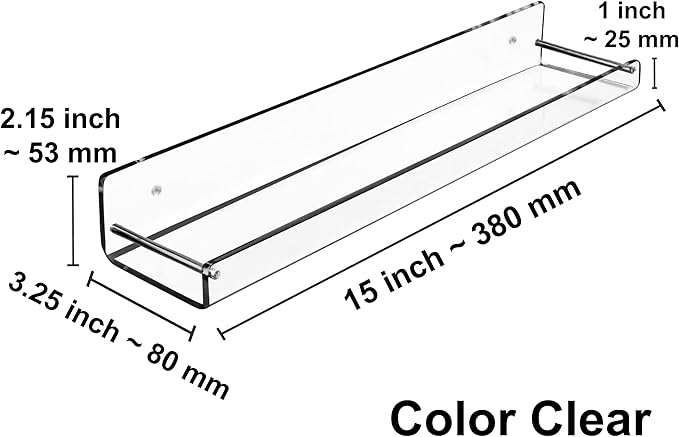 AMT 4 Pack Acrylic Floating Shelves, 15" L x 3.25" W, Clear Bathroom Wall Shelf, Bookshelves, Invisible Display for Office, Bedroom, Small Gap Allows Water to Escape, Free Screws & Drill Bit (Medium)