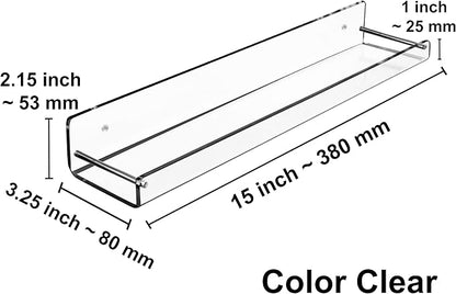 AMT 4 Pack Acrylic Floating Shelves, 15" L x 3.25" W, Clear Bathroom Wall Shelf, Bookshelves, Invisible Display for Office, Bedroom, Small Gap Allows Water to Escape, Free Screws & Drill Bit (Medium)