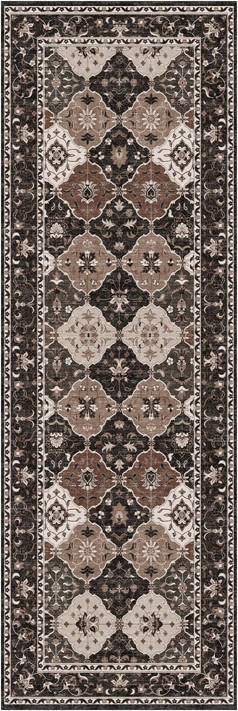 Lessymo Washable Runner Rug 2x6, Moroccan Faux Wool Runner Rugs Non Slip for Hallways Kitchen Entryway Laundry Room Bedroom, Low Pile Multicolor Oriental Rug, Kid & Pet Friendly, Taupe and Beige