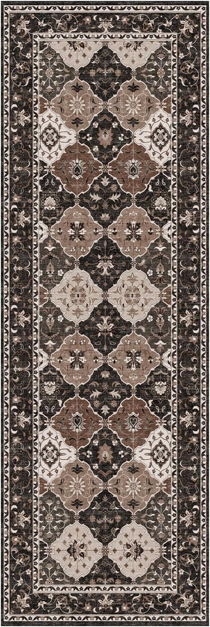Lessymo Washable Runner Rug 2x6, Moroccan Faux Wool Runner Rugs Non Slip for Hallways Kitchen Entryway Laundry Room Bedroom, Low Pile Multicolor Oriental Rug, Kid & Pet Friendly, Taupe and Beige