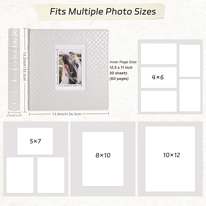 RECUTMS Photo Album Scrapbook 4x6 5x7 8x10 Photos of Any Size 60 Pages Black Inner Button Grain Leather Scrap Photo Book Baby Family Anniversary self adhesive Handmake Picture Book（White）
