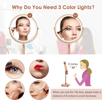 Lighted Makeup Mirror, 3000 mAh Rechargeable Double Sided Magnifying Vanity Mirror with 3 Colors, 1x/10x, 360° Rotation , Brightness Adjustable Magnification Cosmetic Light up Mirror, Women Gift