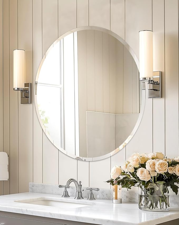 Frameless Round Wall Mirror: Decorative Mirrored Glass Vanity with Beveled Silver Edge for Bathroom Bedroom Livingroom Dining Room Entryway Hallway, 24 x 24 inch