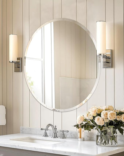Frameless Round Wall Mirror: Decorative Mirrored Glass Vanity with Beveled Silver Edge for Bathroom Bedroom Livingroom Dining Room Entryway Hallway, 24 x 24 inch